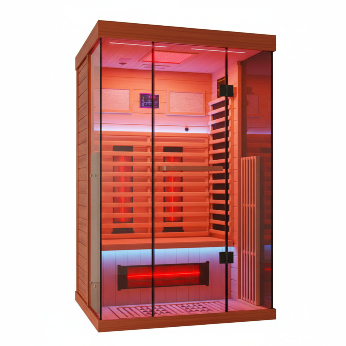 Full Spectrum Infrared Sauna，1-2 Person Home Sauna，Wooden Canadian Hemlock Indoor Spa Sauna with Resonance Speaker, Panoramic Tempered Glass Door